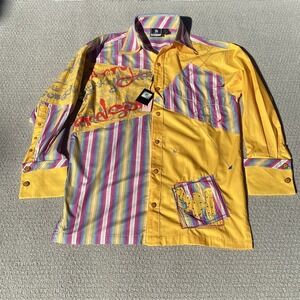 Johnny Handsome Collection Men's Gold Patchwork Striped Button Down Shirt Size L